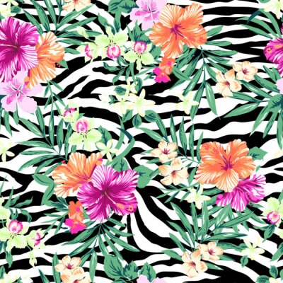 Tapete Tropische Blumen über Zebra print ~ nahtlose Hintergrund