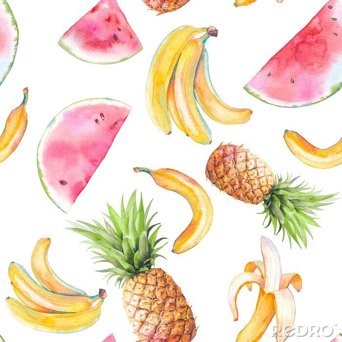 Tapete Tropische Früchte, Ananas, Bananen, Aquarell, Wassermelonen