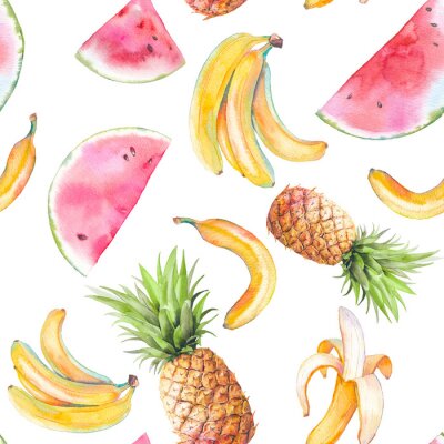 Tapete Tropische Früchte, Ananas, Bananen, Aquarell, Wassermelonen