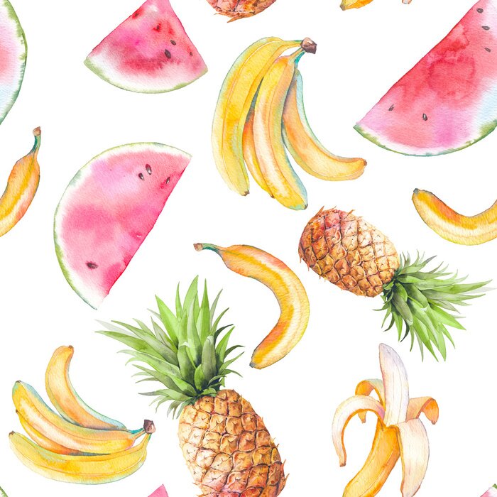 Tapete Tropische Früchte, Ananas, Bananen, Aquarell, Wassermelonen