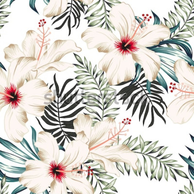 Tapete Tropische Hibiskusblüten und Palmblätter