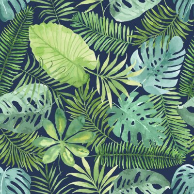 Tapete Tropische nahtlose Muster mit Blättern. Aquarell-Hintergrund mit tropischen Blättern.
