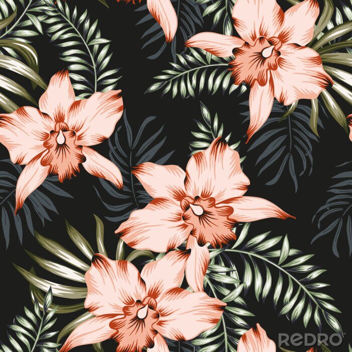 Tapete Tropische Orchideenblumen- und Palmblattsträuße, schwarzer Hintergrund. Vektor nahtloses Muster. Dschungellaubillustration. Exotische Pflanzen. Blumenmuster des Sommerstrandes. Paradies Natur