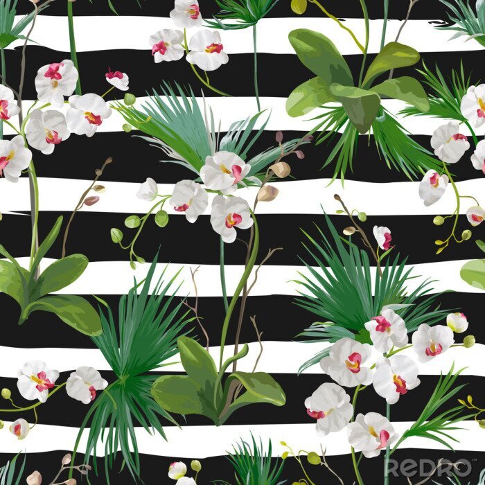 Tapete Tropische Palmenblätter und Orchidee-Blumenhintergrund. Nahtlose Muster