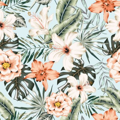Tapete Tropische Pastellblumen und Blätter