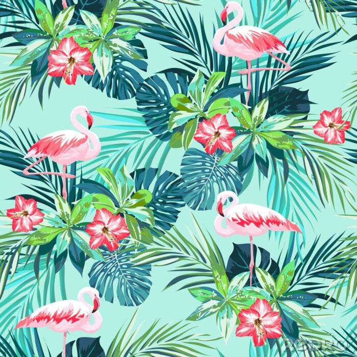 Tapete Tropische Sommer nahtlose Muster mit Flamingo-Vögel und Dschungel-Blumen