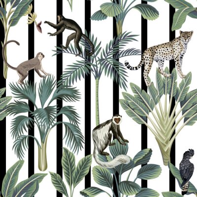Tapete Tropische Tiere und Pflanzen auf gestreiftem Hintergrund