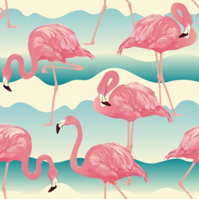 Tapete Tropische Vögel Flamingos vor dem Hintergrund der blauen Wellen