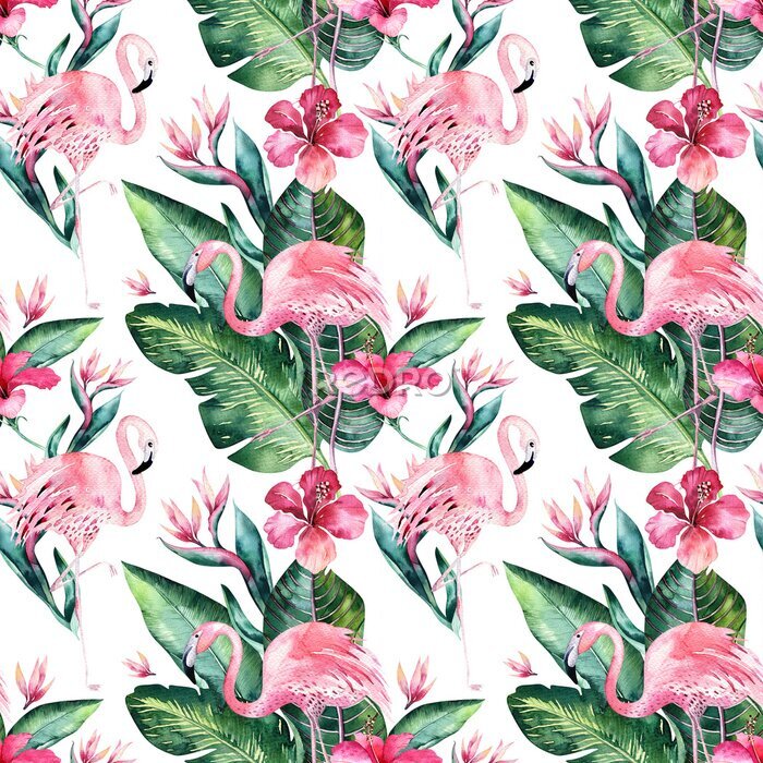 Tapete Tropischer nahtloser Blumensommer-Musterhintergrund mit tropischen Palmblättern, rosa Flamingovogel, exotischer Hibiscus. Perfekt für Dschungeltapeten, Mode Textildesign, Stoffdruck.