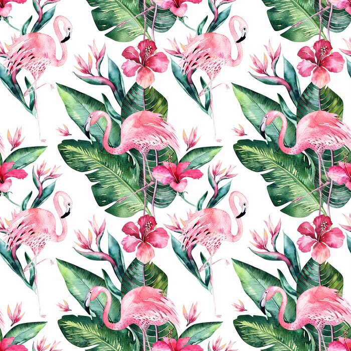 Tapete Tropischer nahtloser Blumensommer-Musterhintergrund mit tropischen Palmblättern, rosa Flamingovogel, exotischer Hibiscus. Perfekt für Dschungeltapeten, Mode Textildesign, Stoffdruck.
