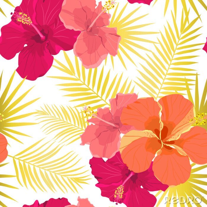 Tapete Tropisches Muster des Vektors mit Hibiskusblüten und tropischen Blättern. Blumenhintergrunddesign für Kosmetik, Spa und Textil