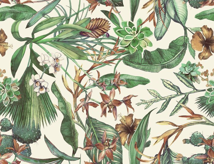Tapete Tropisches Muster mit Bananenblättern und Blumen wie gemalt