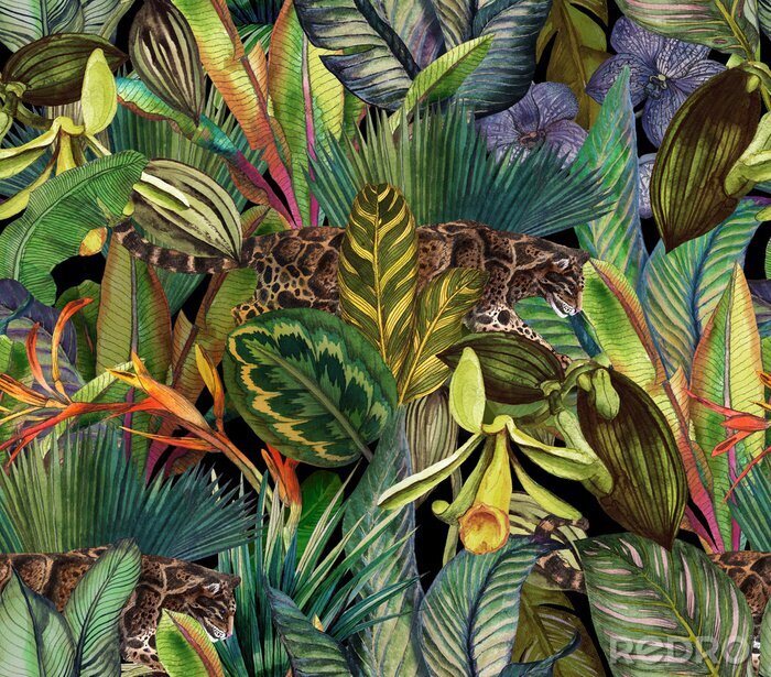 Tapete Tropisches Muster mit einem Leoparden inmitten von exotischen Pflanzen
