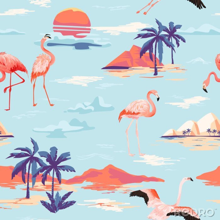 Tapete Tropisches Muster mit Inseln und Flamingos