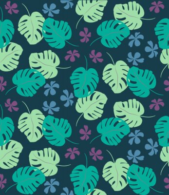 Tapete Tropisches nahtloses Muster mit exotischen Palmblättern und tropischer Blume. Hawaii-Stil. Vektor-Illustration.