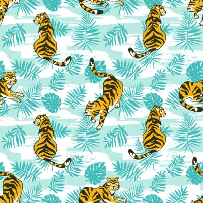 Tapete Tropisches nahtloses Muster mit Tiger- und Palmblättern. Vector animalistisches Design für Stoff, Packpapier oder Tapete. Exotischer Kunsthintergrund.