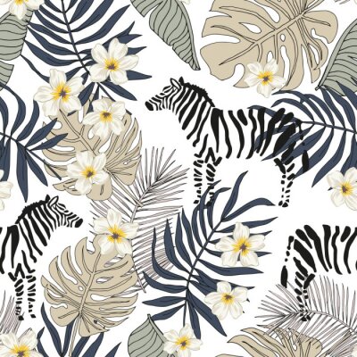 Tapete Tropisches Zebra Tier, Plumeria Blumen, Monstera Palmblätter, weißer Hintergrund. Vektor nahtlose Musterillustration. Blumenmuster des Sommerstrandes. Exotische Dschungelpflanzen. Paradies Natur