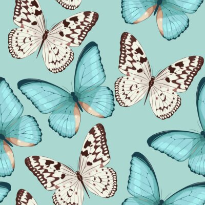 Türkisfarbene und beige Schmetterlinge auf hellem Hintergrund