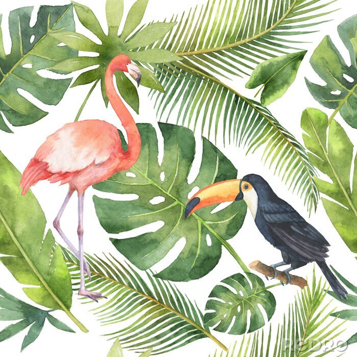 Tapete Tukanen und Flamingos vor dem Hintergrund der grünen Blättern