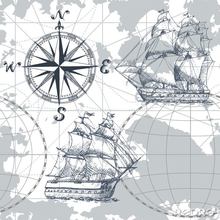 Tapete Übergeben Sie gezogene nahtlose Seekarte des Vektors mit Kompass und Segelschiff. Perfekt für Textilien, Tapeten und Drucke.