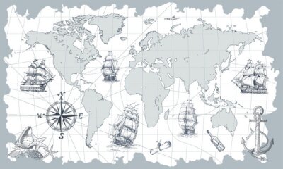 Übergeben Sie gezogene Vektorweltkarte mit Kompass, Anker und Segelschiffen in der Weinleseart. Perfekt für Textilien, Tapeten und Drucke