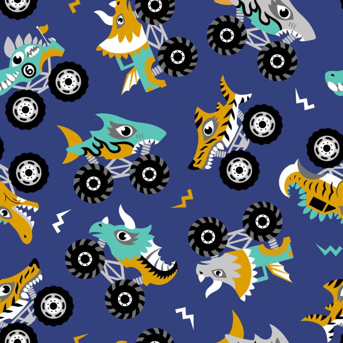 Tapete Unheimliches Vektormuster des beängstigenden Tiermonstertrucks auf dunkelblauem Hintergrund