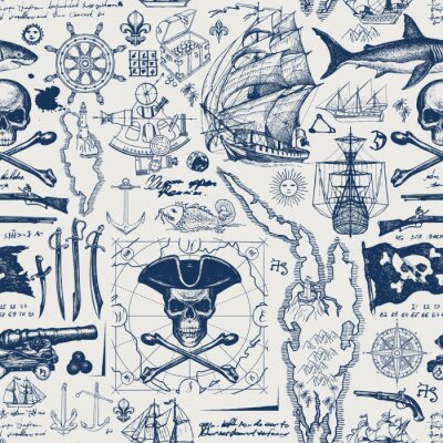 Tapete Vector abstract seamless pattern with skull, crossbones, pirate flag, swords, guns, caravels, old map and other nautical symbols. Vintage background with hand-drawn sketches, ink blots and stains