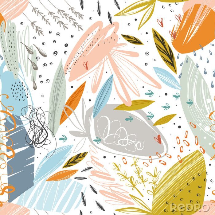 Tapete Vector abstrakte nahtlose Muster mit kritzeln Texturen und doodle floral Elemente.