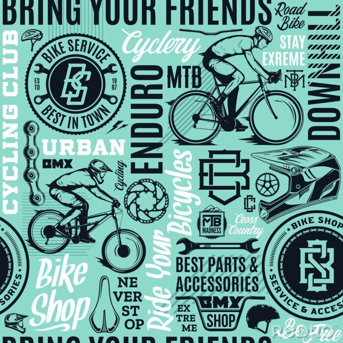 Tapete Vector bicycle seamless pattern or background in black, teal and white colors. Bike shop, club and service badges, mountain and road biking icons and design elements