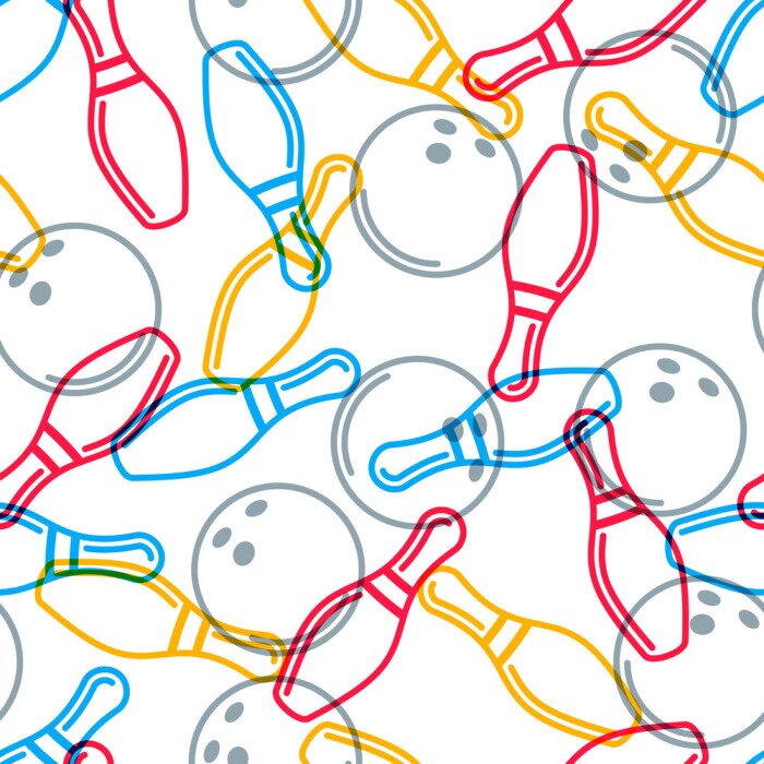 Tapete Vector Bowling nahtlose Muster. Farbe Linie Kunst Hintergrund und skizzieren Design-Elemente. Bowlingkugel, Bowlingspielstifte, Schuhabbildung. Design für Mode-Textildruck, Verpackung, Web-Hintergrund