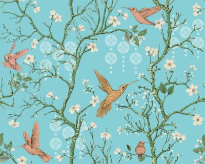 Tapete Vector colorful pattern with birds and flowers. Hummingbirds and flowers, retro style, floral backdrop. Spring, summer flower design for wrapping paper, cover, textile, fabric, wallpaper
