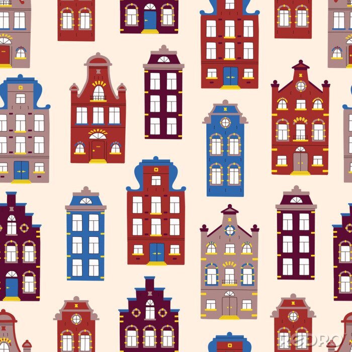 Tapete Vector cute seamless pattern with doodle traditional houses. Vector background of multi-colored facades of old buildings in scandinavian trendy style.