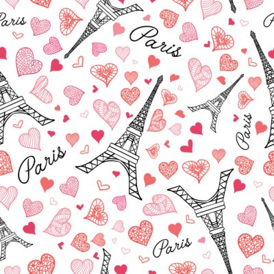 Tapete Vector Eiffelturm Paris Nahtlose Wiederholen Pattern Bersten Mit St. Valentinstag Rosa Roten Herzen Der Liebe. Vervollkommnen Sie für reisen Sie themenorientierte Postkarten, Grußkarten, wedding Einla