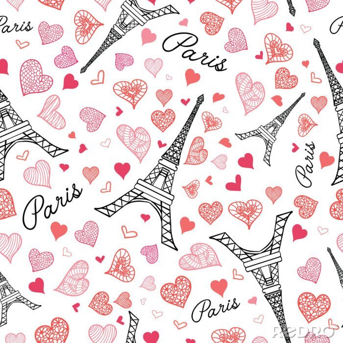 Tapete Vector Eiffelturm Paris Nahtlose Wiederholen Pattern Bersten Mit St. Valentinstag Rosa Roten Herzen Der Liebe. Vervollkommnen Sie für reisen Sie themenorientierte Postkarten, Grußkarten, wedding Einla