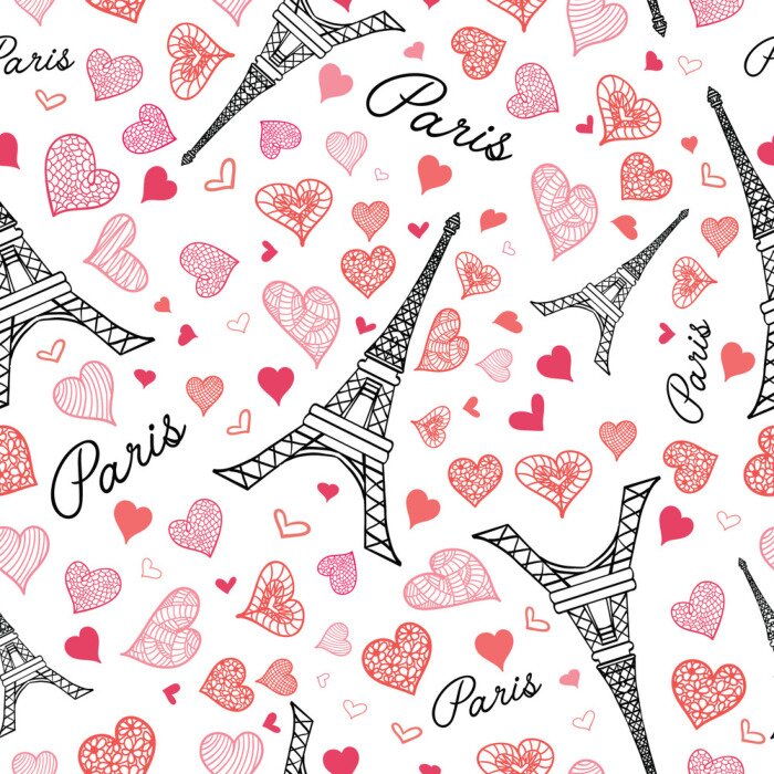 Tapete Vector Eiffelturm Paris Nahtlose Wiederholen Pattern Bersten Mit St. Valentinstag Rosa Roten Herzen Der Liebe. Vervollkommnen Sie für reisen Sie themenorientierte Postkarten, Grußkarten, wedding Einla