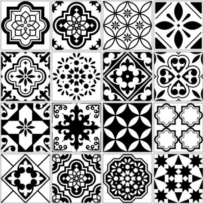 Sticker Vector Fliesenmuster, Lissabon Blumen Mosaik, mediterrane nahtlose Schwarz-Weiß-Ornament