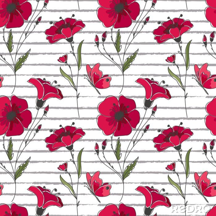 Tapete Vector floral nahtlose Muster. Bunte Blumenmuster mit roten Mohnblumen auf gestreiften Hintergrund.