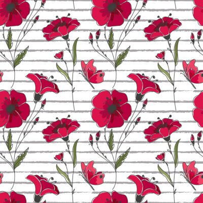 Tapete Vector floral nahtlose Muster. Bunte Blumenmuster mit roten Mohnblumen auf gestreiften Hintergrund.