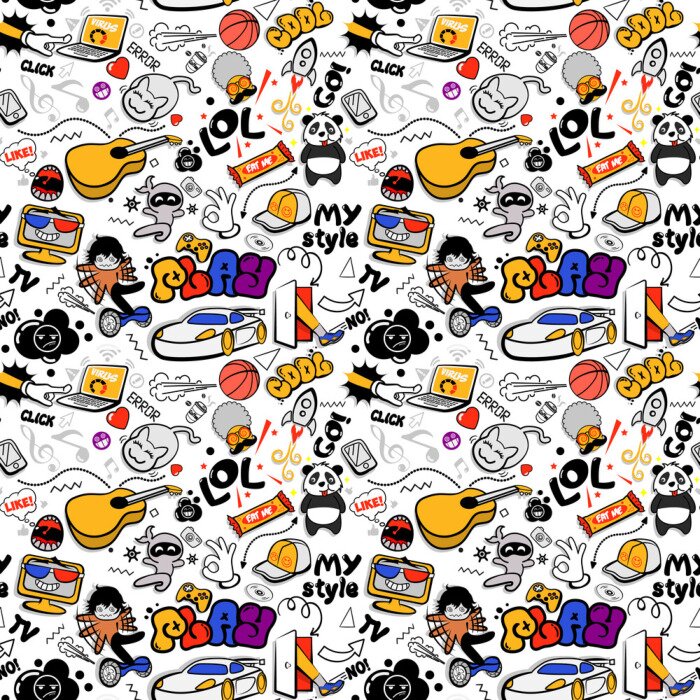 Tapete Vector graffiti seamless texture with bizarre elements and characters with social media signs and other shiny icons. Print fabric vector pattern with pop art patches for print, children's room. 
