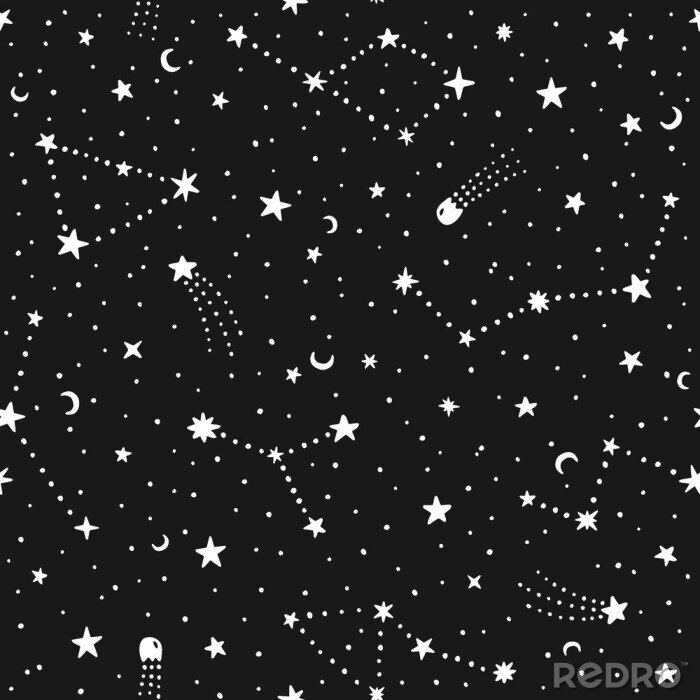 Tapete Vector hand drawn night sky doodle seamless pattern with space stars, planets, comets.