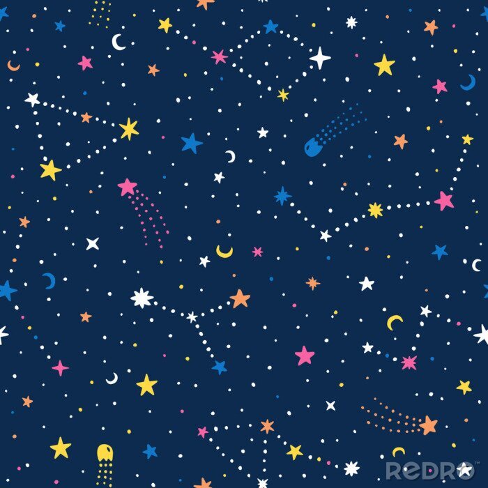 Tapete Vector hand drawn night sky doodle seamless pattern with space stars, planets, comets.