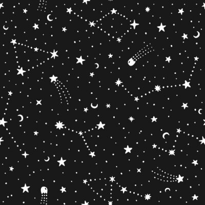 Tapete Vector hand drawn night sky doodle seamless pattern with space stars, planets, comets.