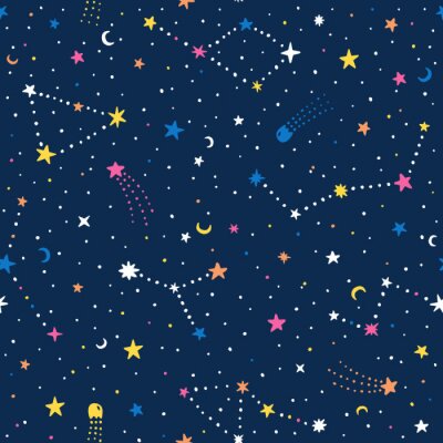 Tapete Vector hand drawn night sky doodle seamless pattern with space stars, planets, comets.