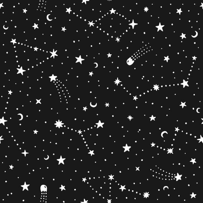 Tapete Vector hand drawn night sky doodle seamless pattern with space stars, planets, comets.