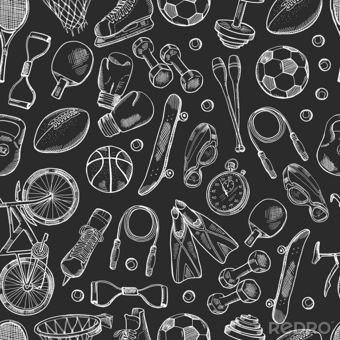 Tapete Vector hand drawn sports equipment pattern or chalkboard background
