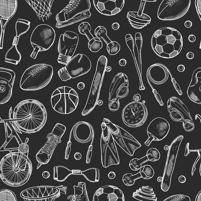 Tapete Vector hand drawn sports equipment pattern or chalkboard background
