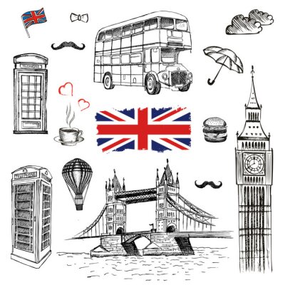 Vector Hand gezeichnete Illustration mit London Symbole