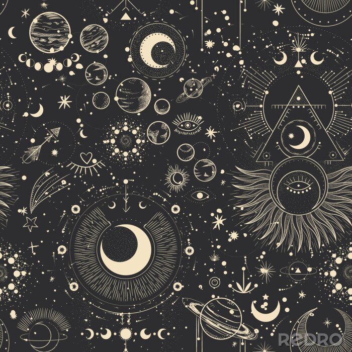 Tapete Vector illustration set of moon phases. Different stages of moonlight activity in vintage engraving style. Zodiac Signs