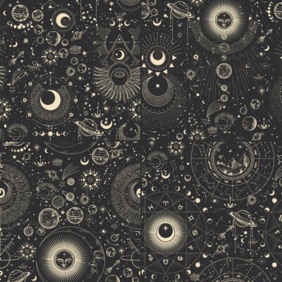 Tapete Vector illustration set of moon phases. Different stages of moonlight activity in vintage engraving style. Zodiac Signs