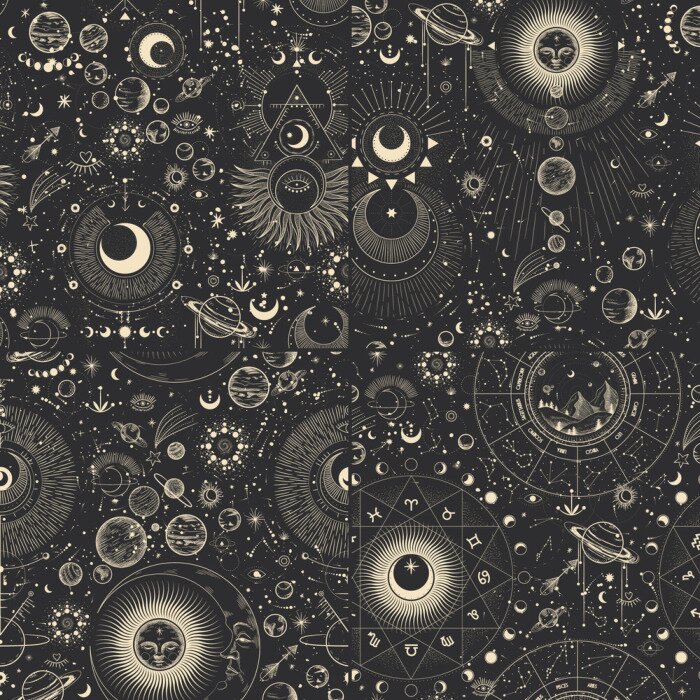 Tapete Vector illustration set of moon phases. Different stages of moonlight activity in vintage engraving style. Zodiac Signs